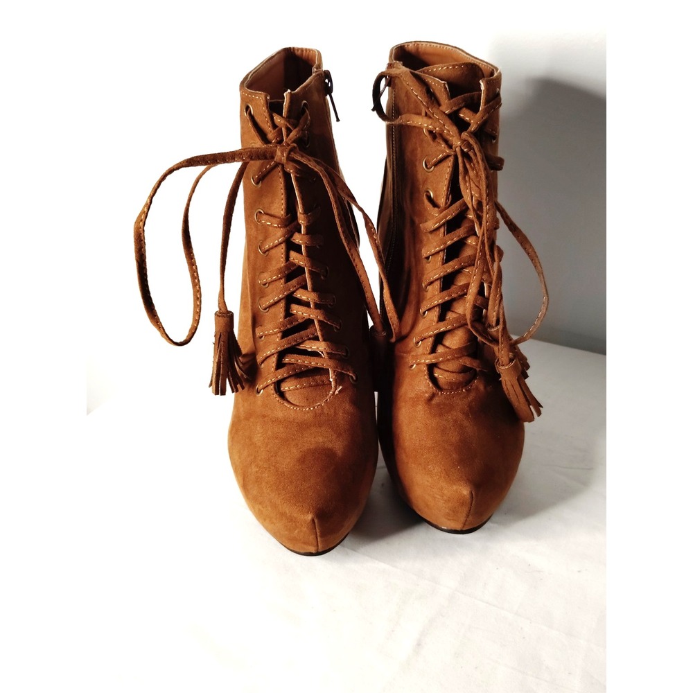 Torrid Women 9 Brown Pointed Toe Stiletto Tassel Lace Up Suede Side Zip Boot EUC
